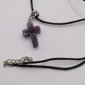 Carved Amethyst Cross Pendant with Waxed Cord