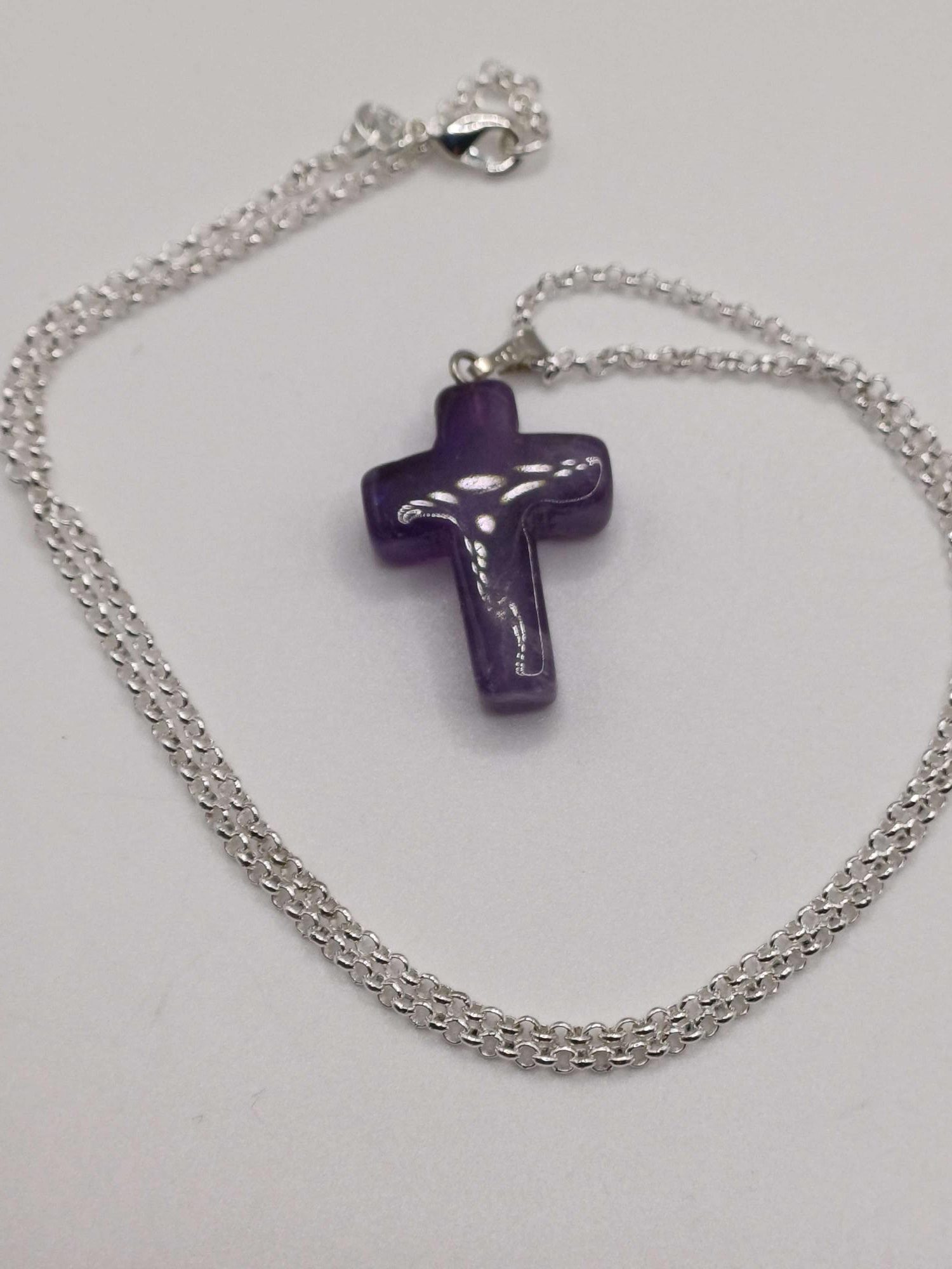 Carved Amethyst Crystal Cross Chain Pendant